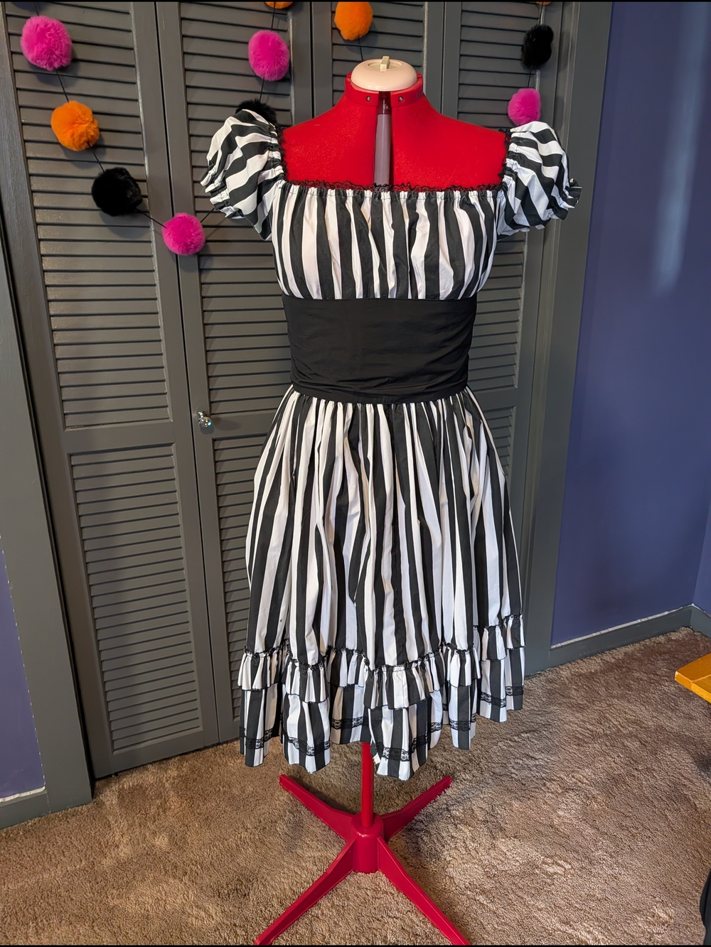Dracula Clothing - Black & White Striped Puff Sleeve Dress